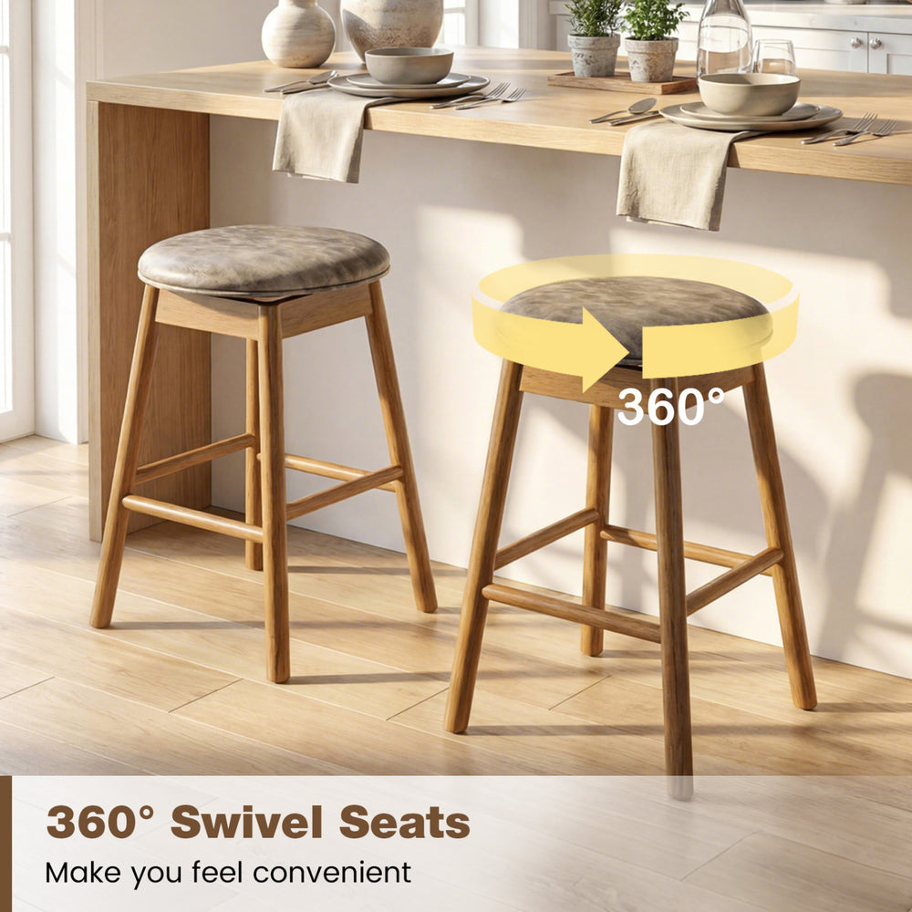 Backless swivel counter height barstools with solid wood legs, 360-degree seats, perfect for kitchen islands or home.