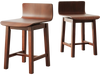 Set of 2 walnut swivel dining chairs with low backs and curved seats, perfect for dining rooms and cafes.