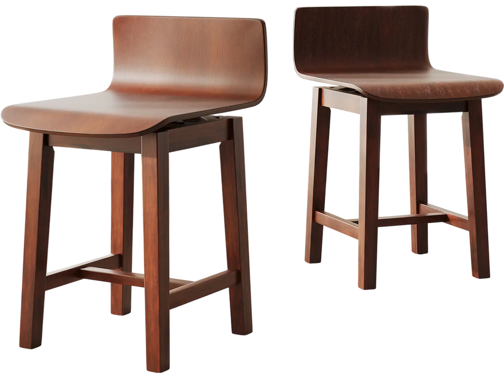 Set of 2 walnut swivel dining chairs with low backs and curved seats, perfect for dining rooms and cafes.