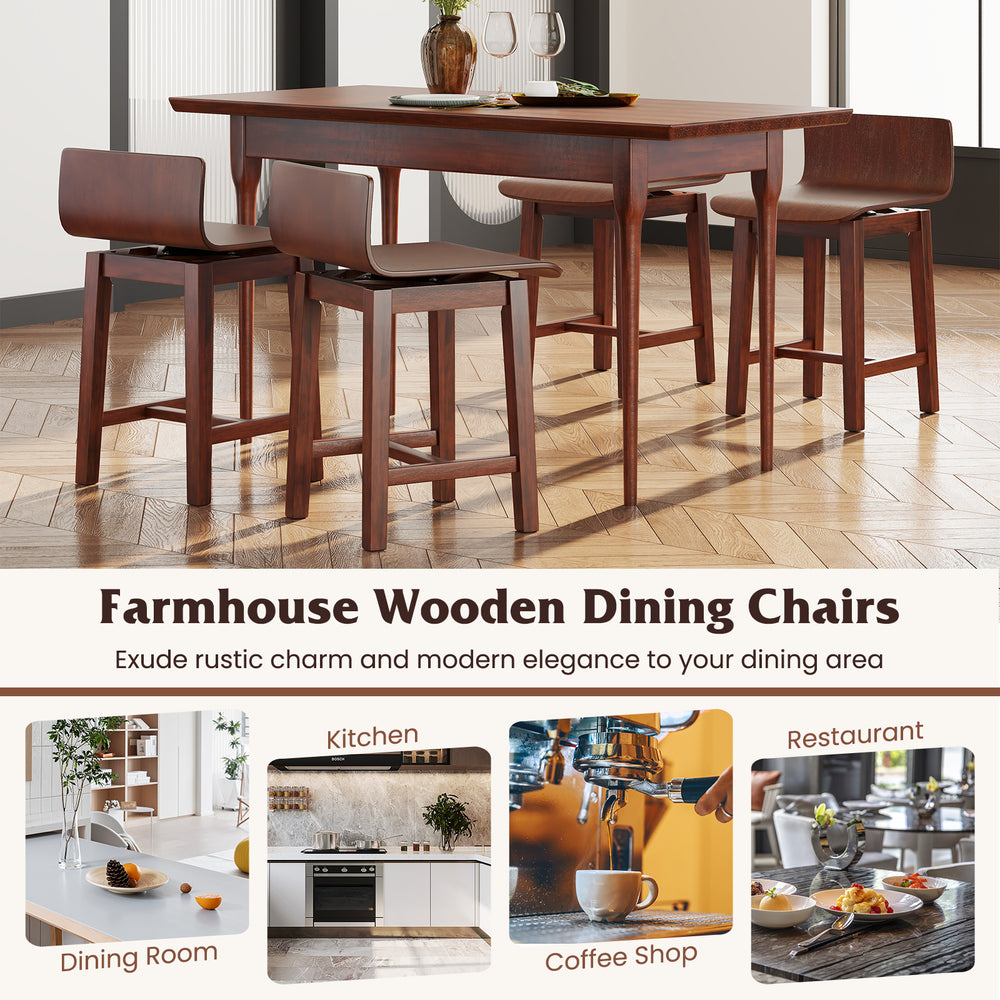 Swivel dining chair set of 2 in walnut with low backs and curved seats, perfect for dining rooms and coffee shops.