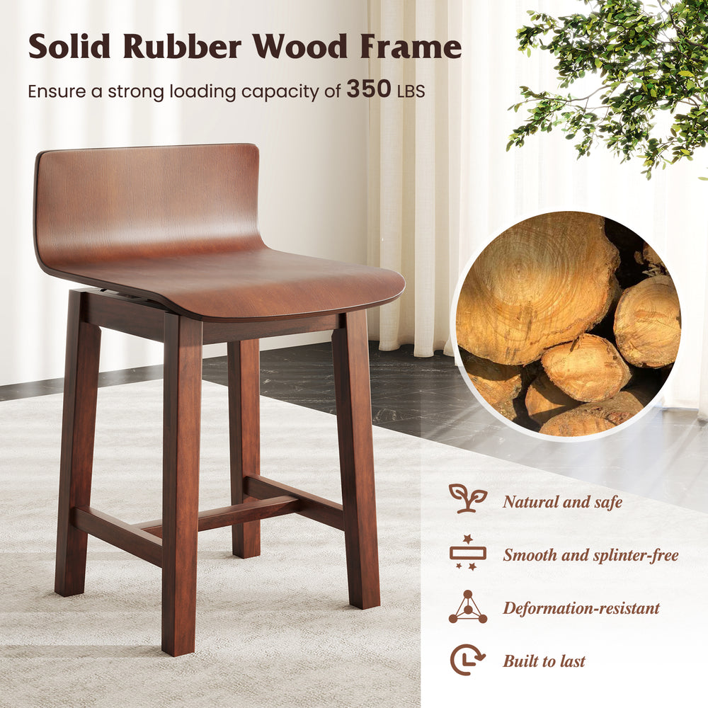 Swivel dining chair with low back and curved seat in walnut finish, featuring a solid rubber wood frame for stability.