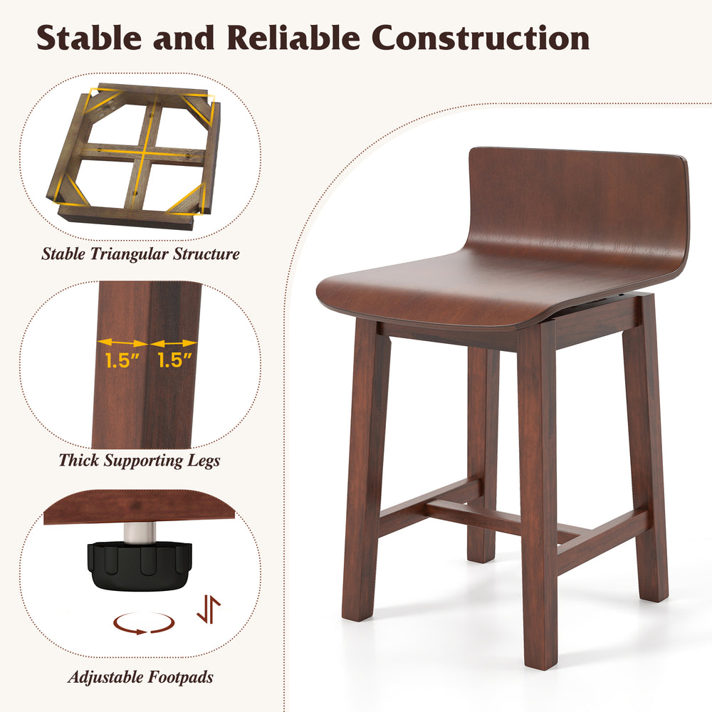 Swivel dining chair with low back in walnut, featuring a sturdy rubber wood frame and adjustable footpads for stability.