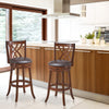 360° swivel counter height chairs with PU leather cushioned seats and rubber wood construction for kitchen use.
