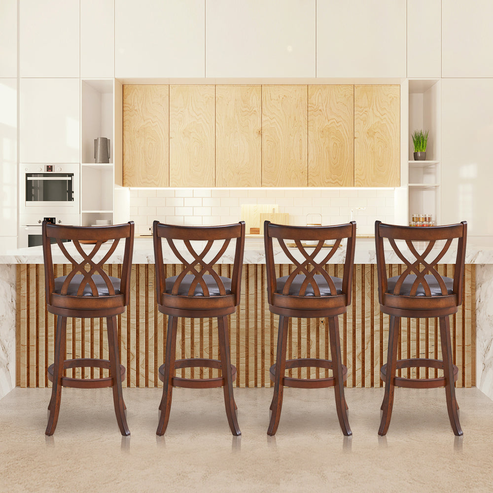 Four 360° swivel counter height chairs with PU leather cushioned seats, showcasing a sturdy rubber wood design for.
