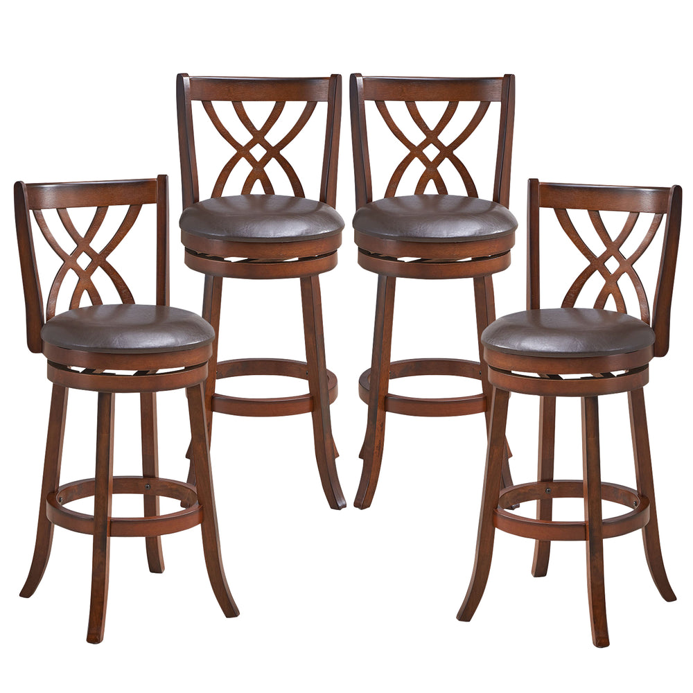 Set of four 360° swivel counter height chairs with PU leather cushioned seats and sturdy rubber wood construction.