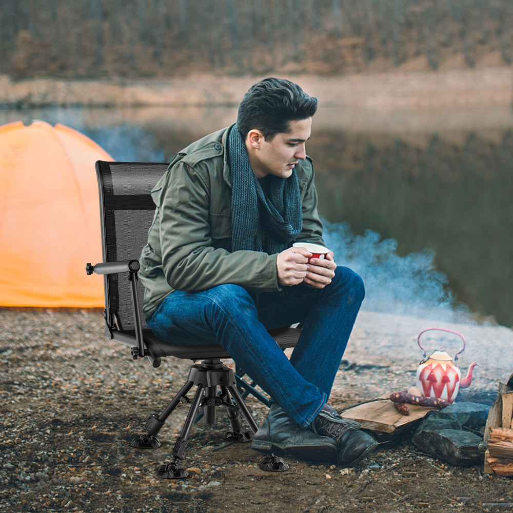 Folding swivel patio chair with adjustable legs, breathable mesh, and ergonomic support, perfect for outdoor camping.