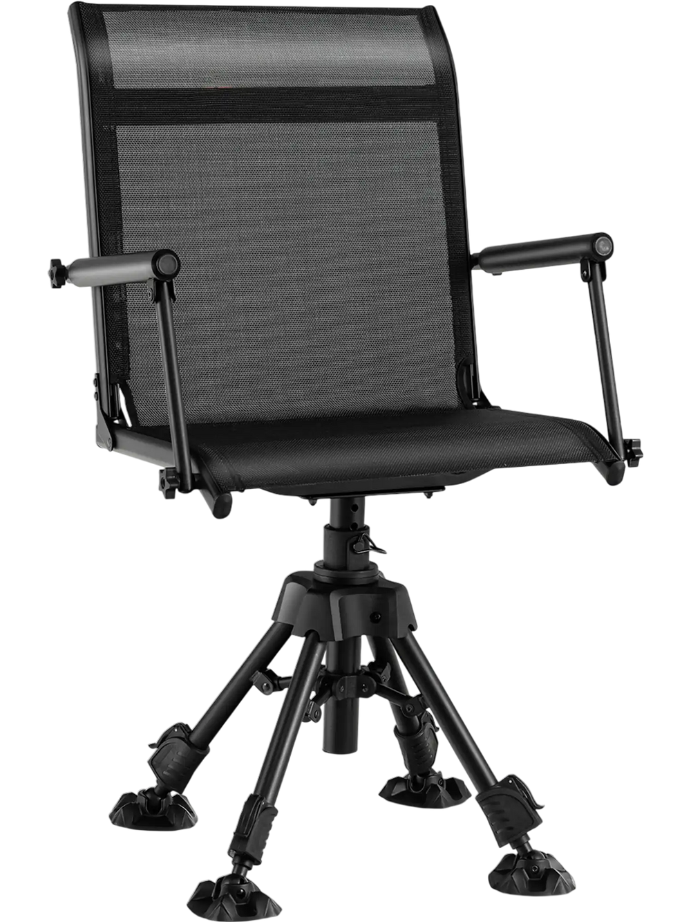 Folding swivel patio chair in black with adjustable legs, breathable mesh, and ergonomic support for outdoor comfort.