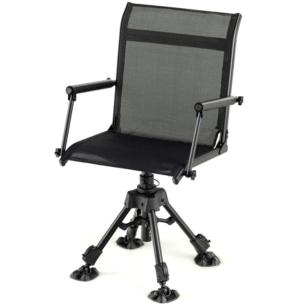 Folding swivel patio chair with adjustable legs, breathable mesh seat, and ergonomic support for outdoor comfort.