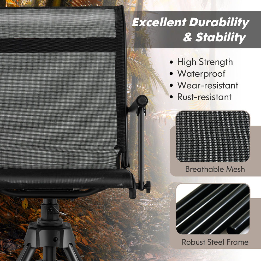 Folding swivel patio chair with breathable mesh and rustproof steel frame, showcasing adjustable legs for versatile use.
