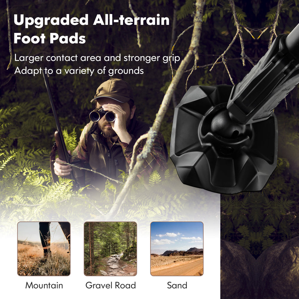 Folding swivel patio chair leg with all-terrain foot pads for better grip on mountain, gravel, and sand surfaces.