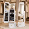 360° swivel jewelry cabinet with full-length mirror, ample storage for jewelry and cosmetics, and built-in LED lights.