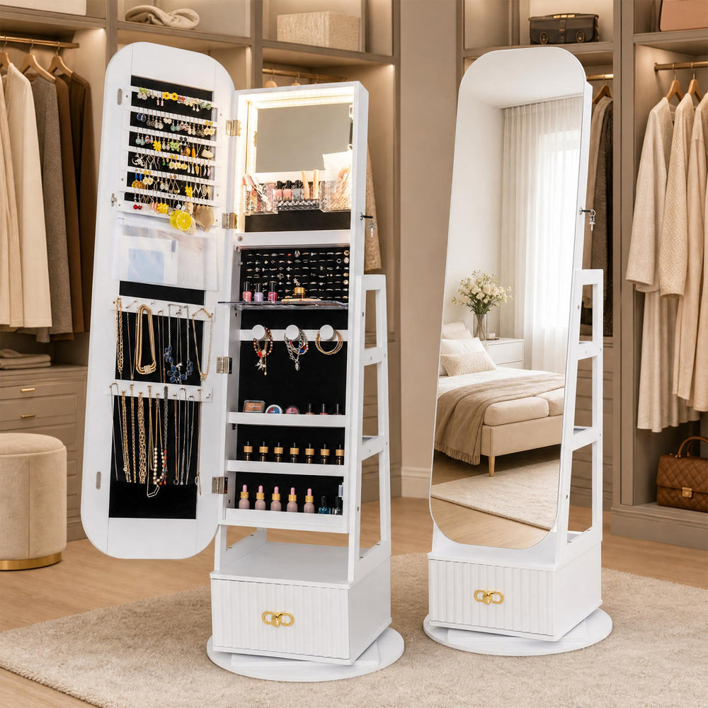 360° swivel jewelry cabinet with full-length mirror, ample storage for jewelry and cosmetics, and built-in LED lights.