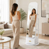 Elegant full-length mirror of the 360° swivel jewelry cabinet, enhancing any room while providing a head-to-toe view.
