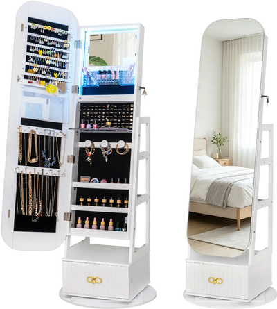 Costway Swivel Jewelry Armoire Full-Length Mirror LED Lights Storage Shelves 99508049 New