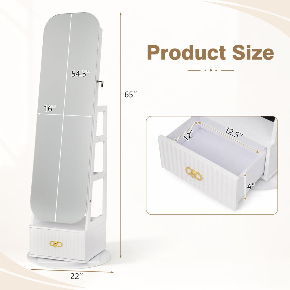 Dimensions of the 360° swivel jewelry cabinet with full-length mirror, featuring ample storage and a sleek design.