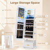 Interior view of 360° swivel jewelry cabinet showing storage features, including necklace hooks and velvet pouches for organization.
