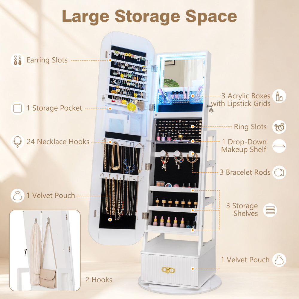 Interior view of 360° swivel jewelry cabinet showing storage features, including necklace hooks and velvet pouches for organization.