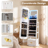 360° swivel jewelry cabinet with full-length mirror, lockable design, ample storage, and built-in LED lights for convenience.