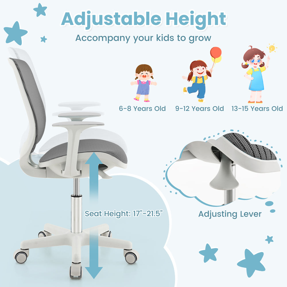 Swivel mesh children's computer chair in gray with adjustable height, designed for ages 6-15, featuring a curved.