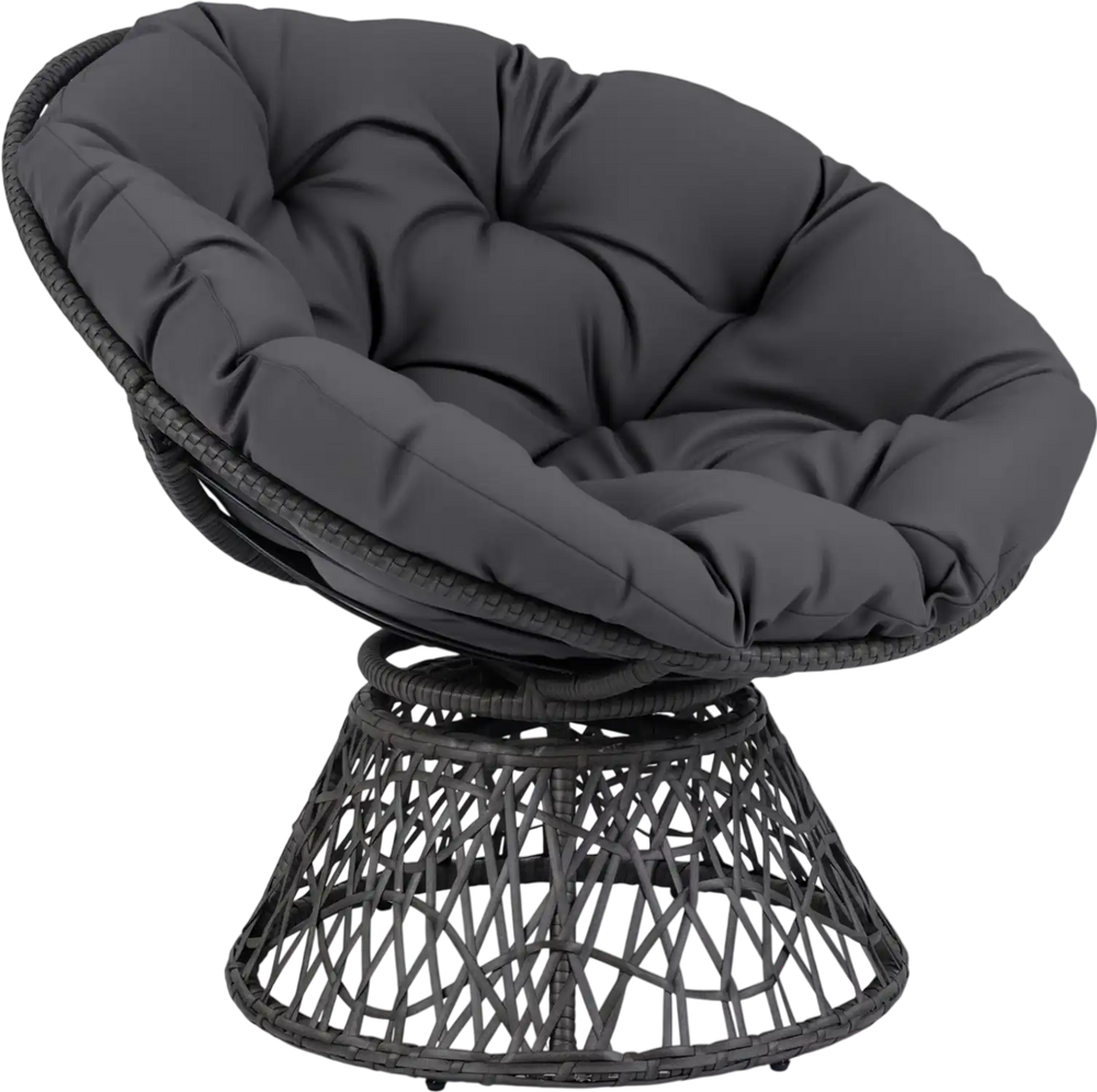 Round wicker swivel Papasan chair with thick grey cushion, designed for comfort and stability, ideal for living room or.