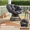 Round wicker swivel Papasan chair with thick grey cushion, designed for comfort and relaxation in any living space.