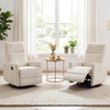Beige swivel rocking chair with cushioned back and footrest, perfect for nursery relaxation and comfort.