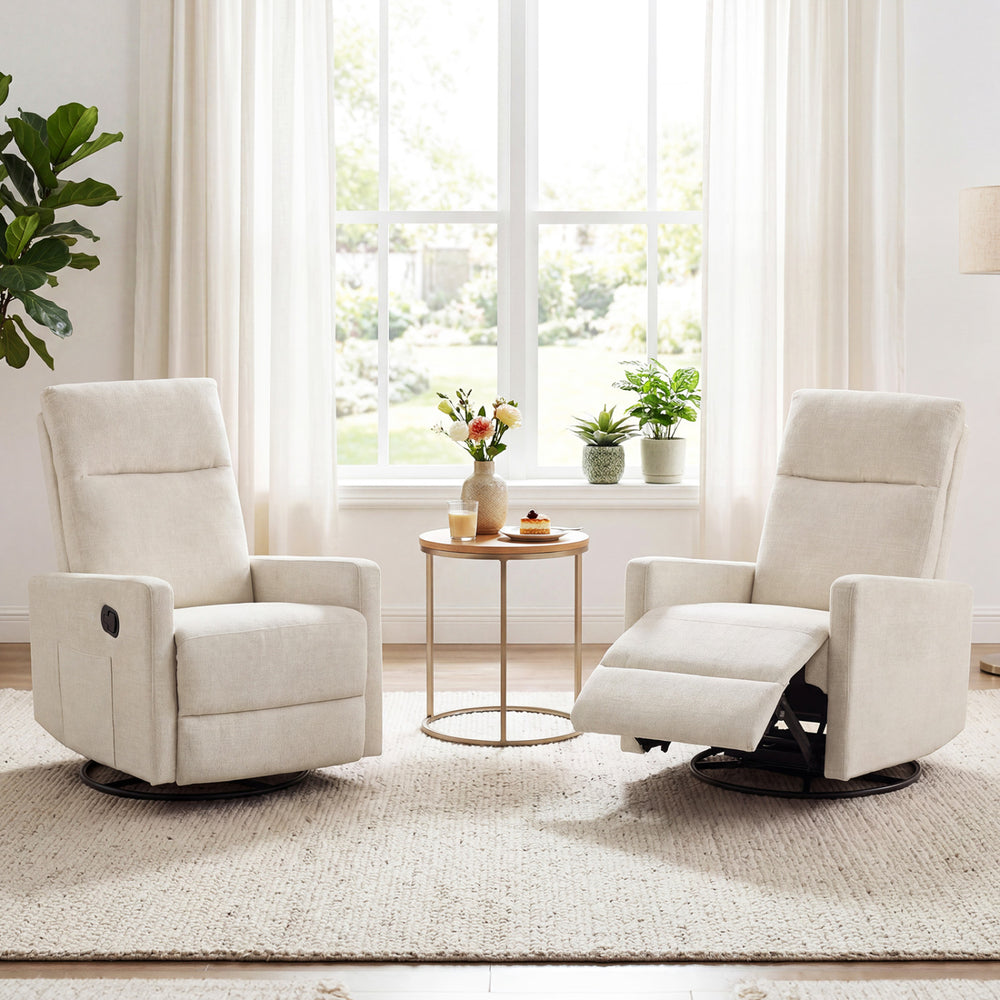 Beige swivel rocking chair with cushioned back and footrest, perfect for nursery relaxation and comfort.