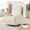 Beige swivel rocking chair with cushioned back, 360° swivel base, and adjustable footrest for nursery comfort.