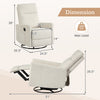 Beige swivel rocking chair with cushioned back, reclining feature, and dimensions for nursery or living room use.