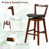 Swivel upholstered stool with backrest, cushioned PU leather seat, rubber wood legs, ideal for kitchen or bar use.