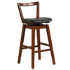 Swivel upholstered PU leather stool with backrest, cushioned seat, and wooden frame, ideal for kitchen or bar use.