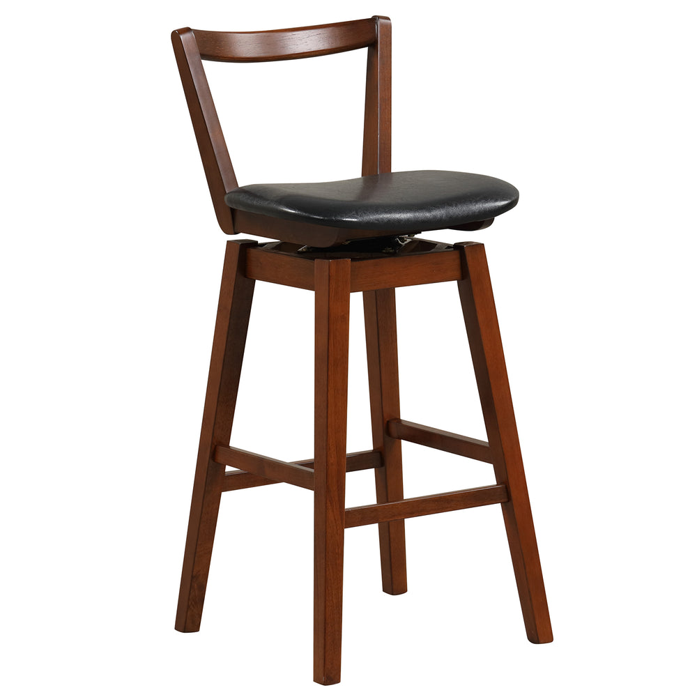 Swivel upholstered PU leather stool with backrest, cushioned seat, and wooden frame, ideal for kitchen or bar use.