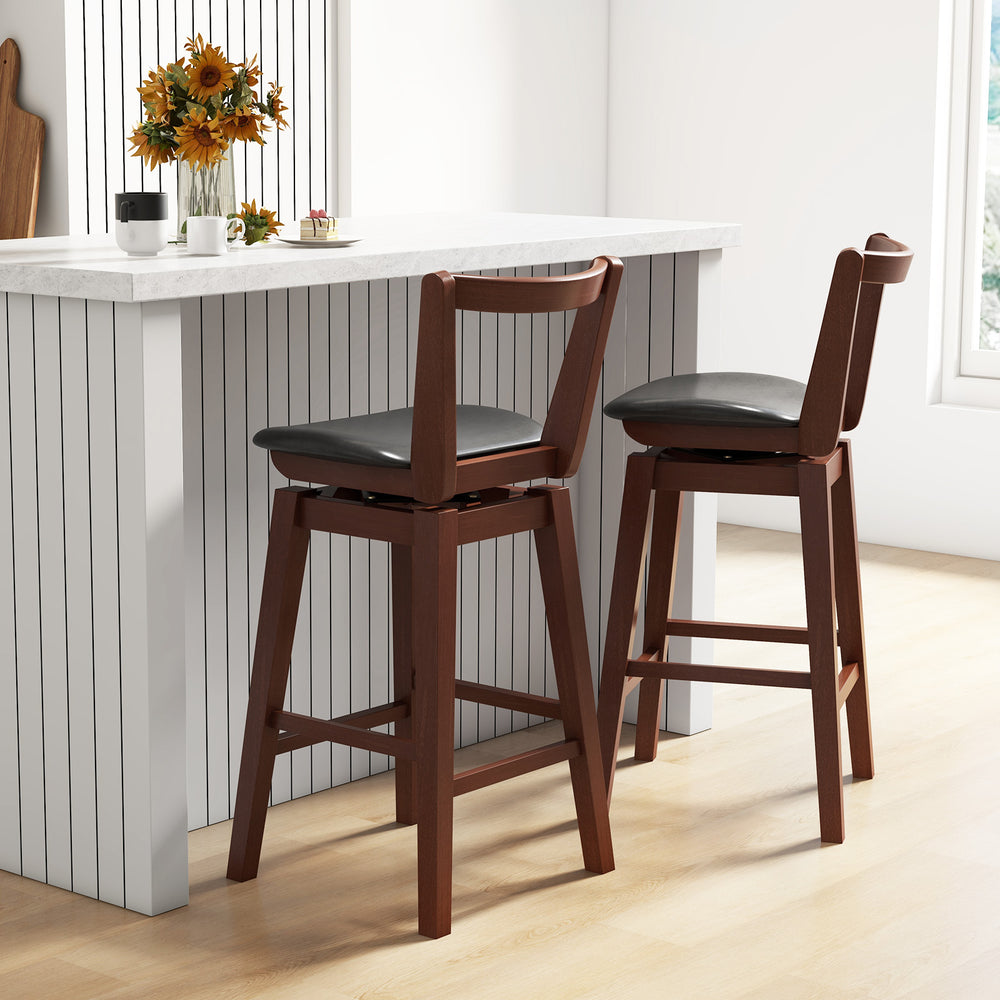Swivel upholstered PU leather stool with backrest and cushioned seat, perfect for kitchen or bar use.