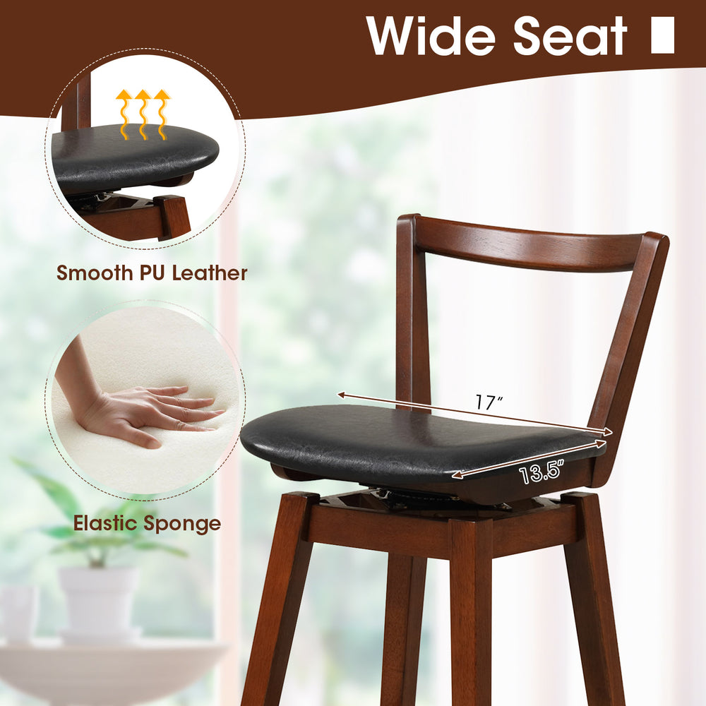 Cushioned 17" wide seat of the swivel PU leather stool with backrest, featuring soft sponge filling for comfort.