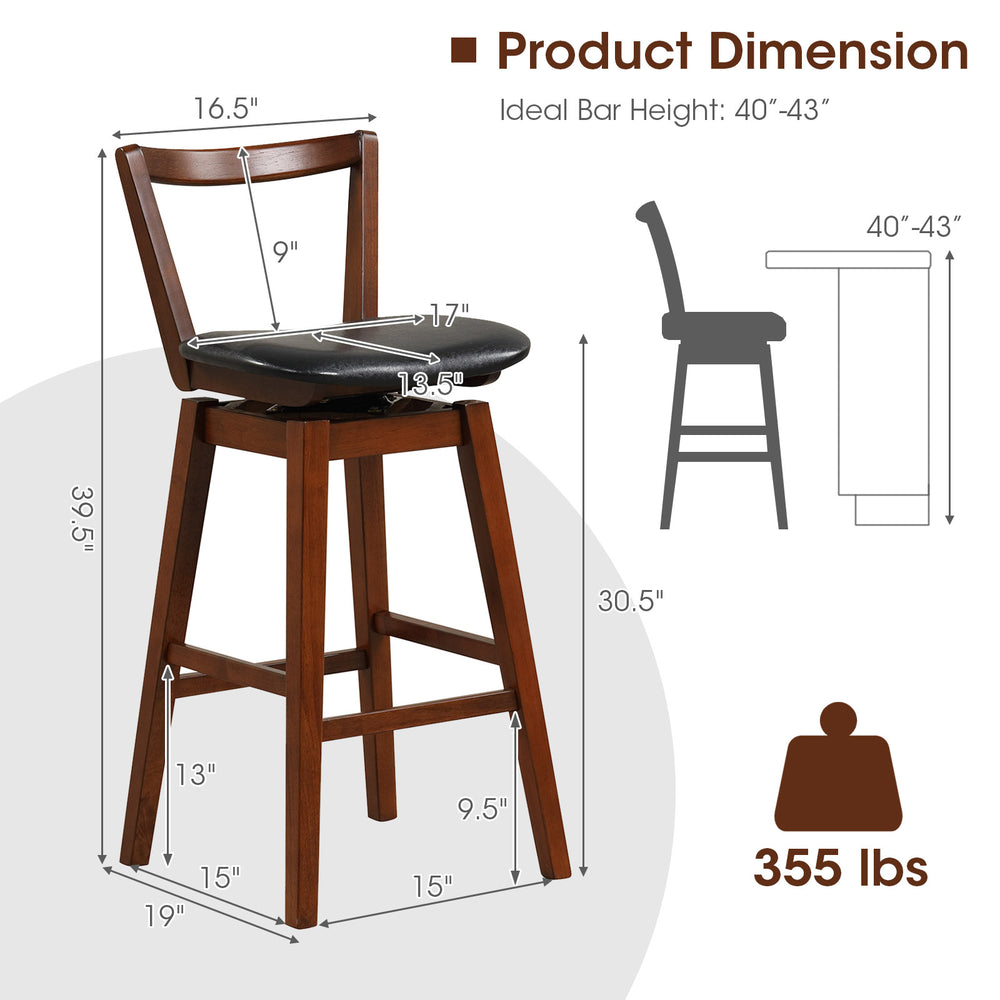 Swivel upholstered PU leather stool with backrest, cushioned seat, ideal for kitchen or bar use, 30.5 inches tall.