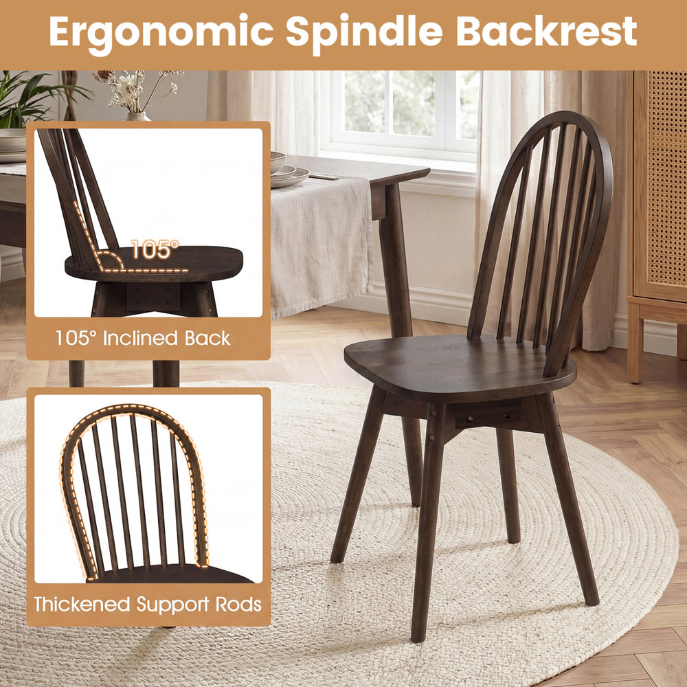 Swivel Windsor dining chair with ergonomic spindle back, solid rubber wood frame, and thickened support rods for.