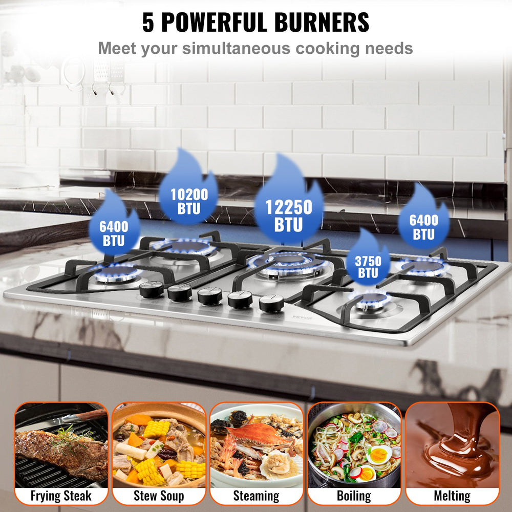 Vevor Built-In Gas Cooktop 30" 5 Burners 12250 BTU LPG/NG Dual Fuel with Thermocouple Protection New