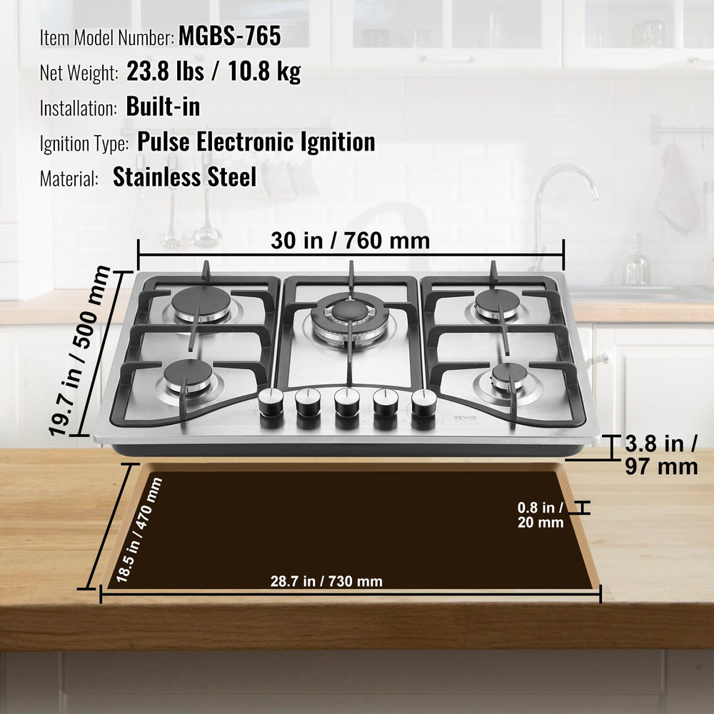 Vevor Built-In Gas Cooktop 30" 5 Burners 12250 BTU LPG/NG Dual Fuel with Thermocouple Protection New