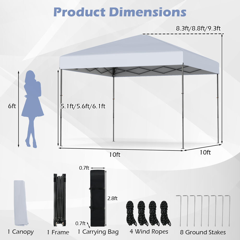 10x10 feet pop-up canopy tent in white with portable bag, adjustable height, and 8 stakes for outdoor events.