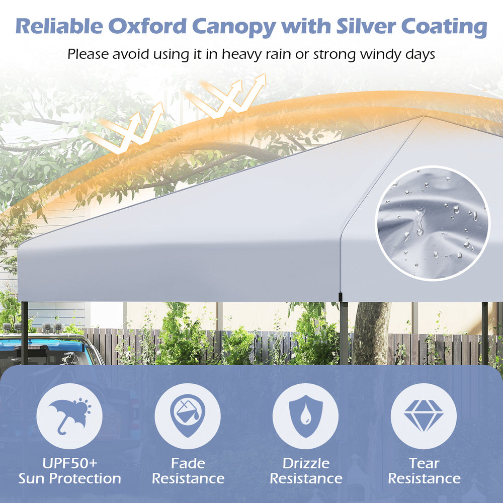 10x10 feet white pop-up canopy tent with silver coating, portable bag, and 8 stakes for outdoor events and sun.