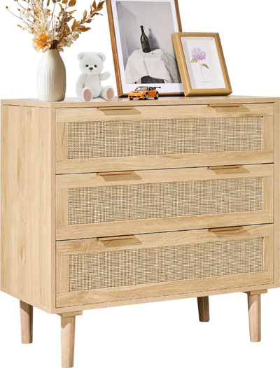 Vevor Natural Rattan Dresser 3-Drawer Boho Style Chest for Bedroom and Living Room New