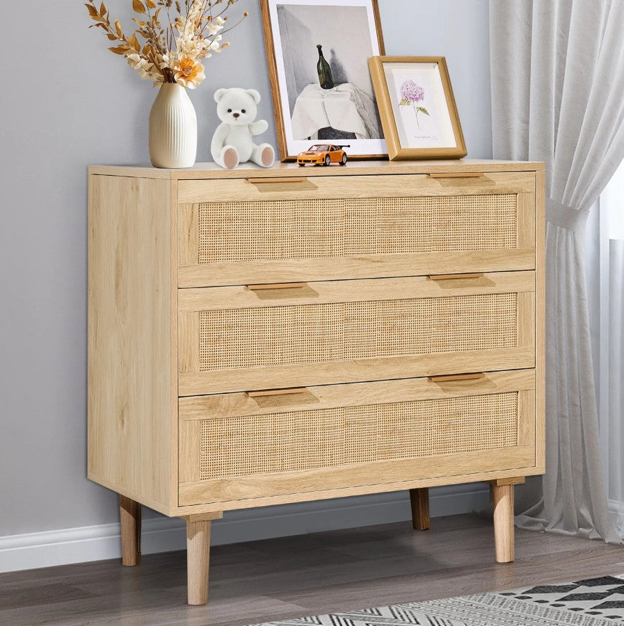 Vevor Natural Rattan Dresser 3-Drawer Boho Style Chest for Bedroom and Living Room New