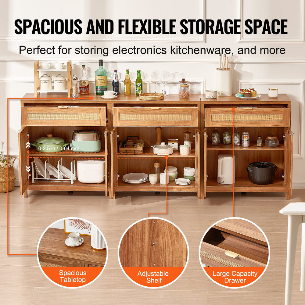 Vevor Buffet Cabinet 90" Rattan with Magnetic Doors and Adjustable Shelves Set of 3 New