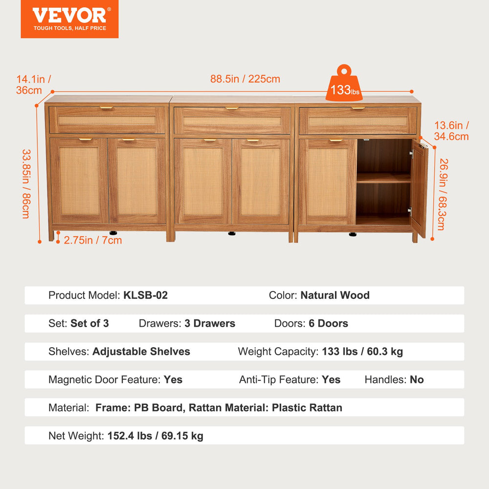 Vevor Buffet Cabinet 90" Rattan with Magnetic Doors and Adjustable Shelves Set of 3 New