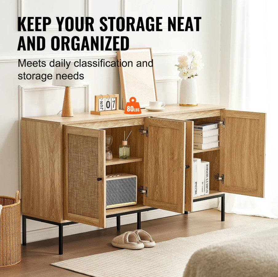 Vevor Rattan Storage Cabinet 59" with 4 Doors and Adjustable Shelves New