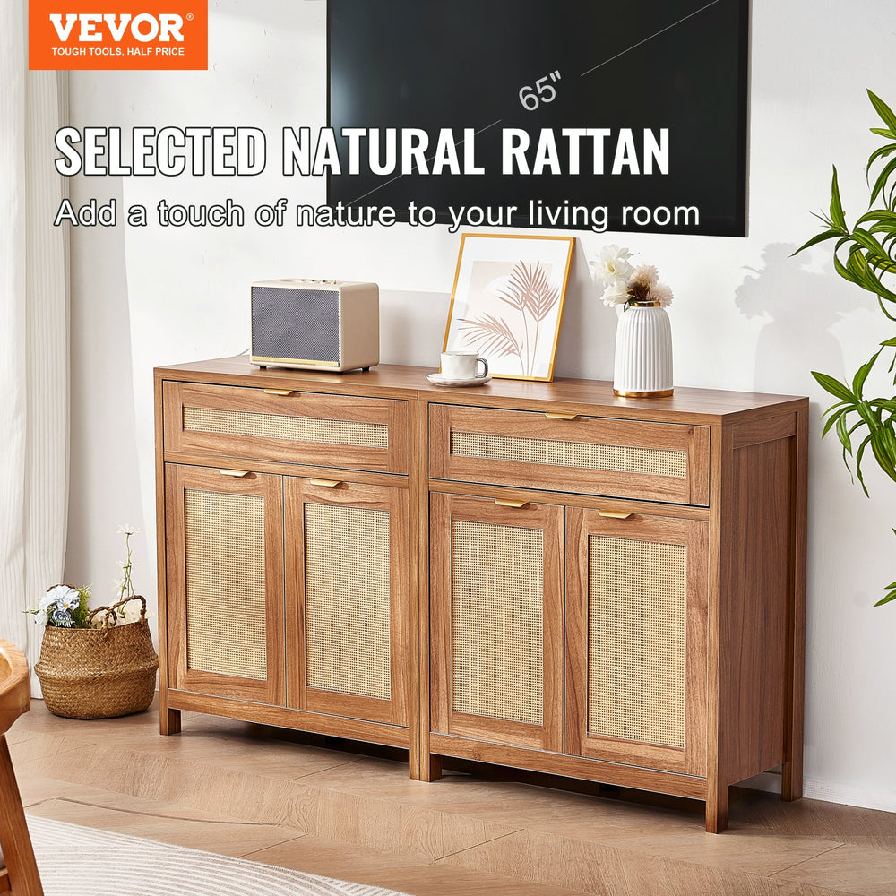 Vevor Buffet Cabinet 63" Rattan with Magnetic Doors and Adjustable Shelves Set of 2 New
