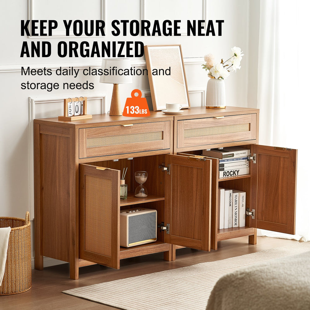 Vevor Buffet Cabinet 63" Rattan with Magnetic Doors and Adjustable Shelves Set of 2 New