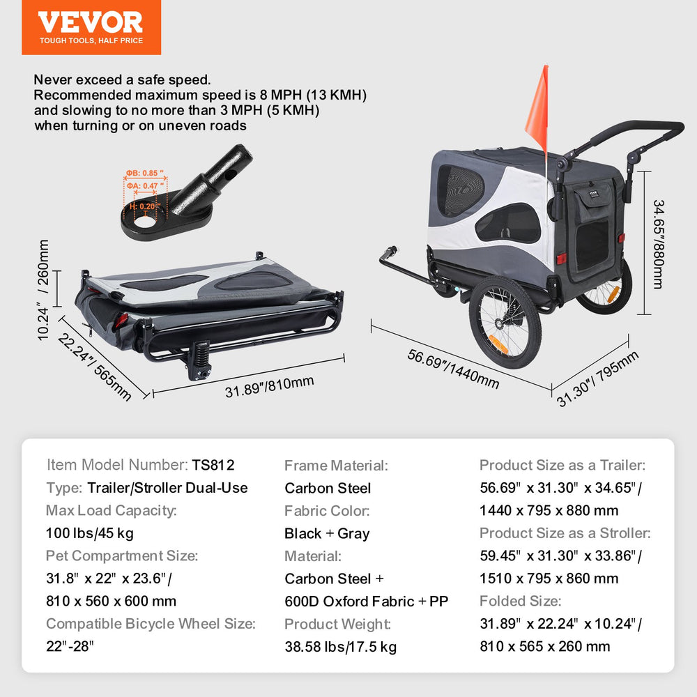 Vevor Dog Bike Trailer 100 lbs. Capacity 2-in-1 Pet Bicycle Stroller Folding Black/Gray New