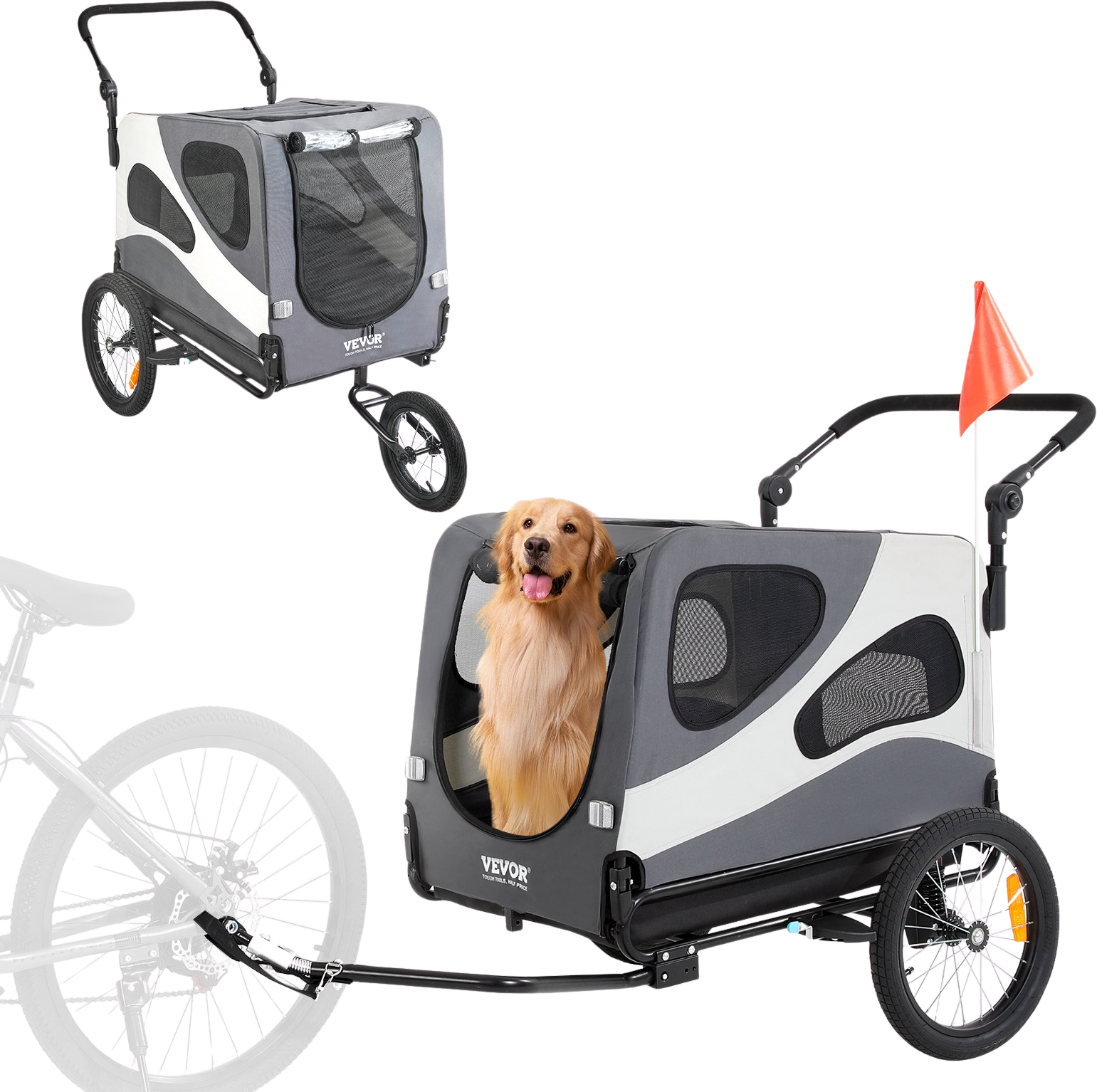 Vevor Dog Bike Trailer 100 lbs. Capacity 2-in-1 Pet Bicycle Stroller Folding Black/Gray New