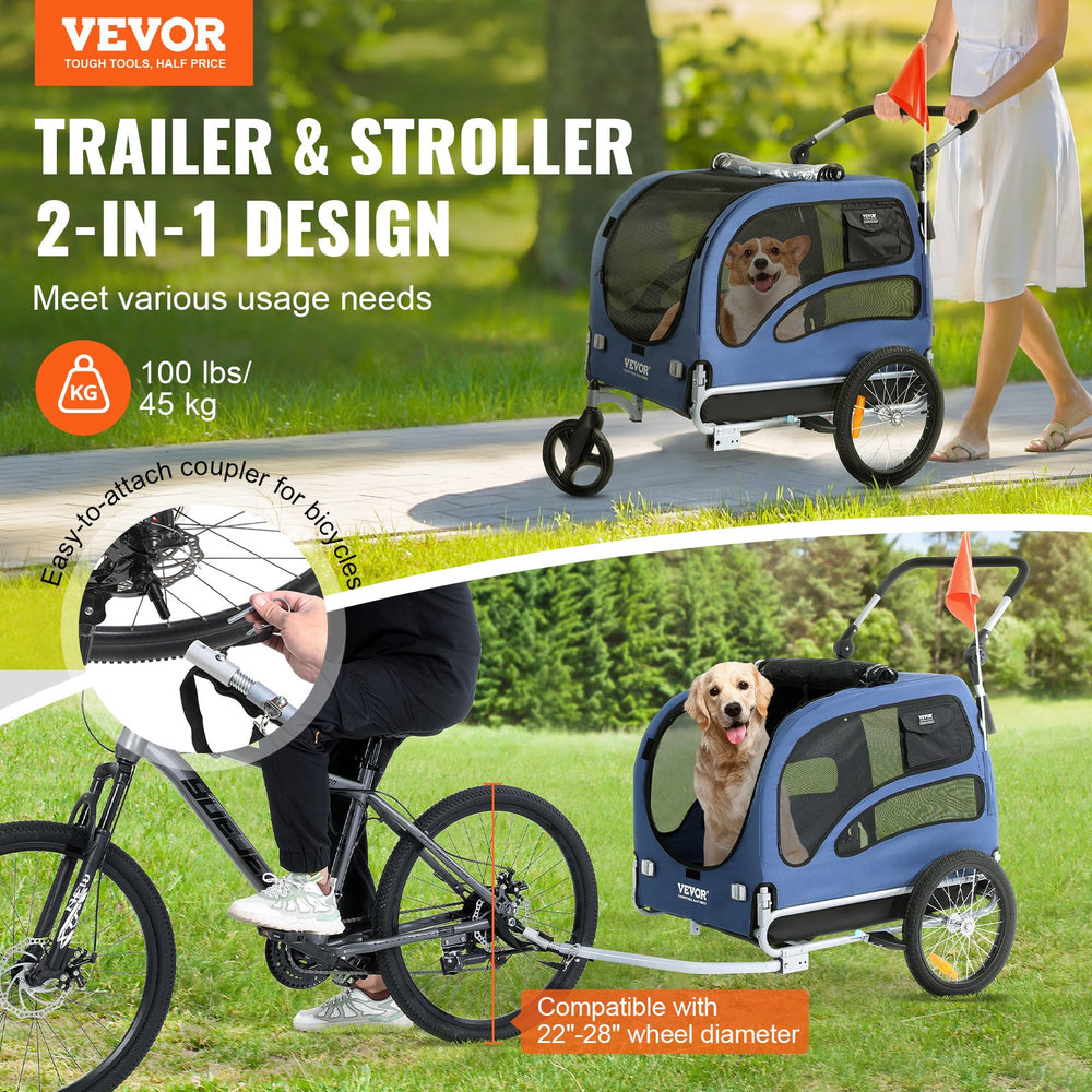 Vevor Dog Bike Trailer 100 lbs. Capacity 2-in-1 Pet Bicycle Stroller Folding Blue/Black New